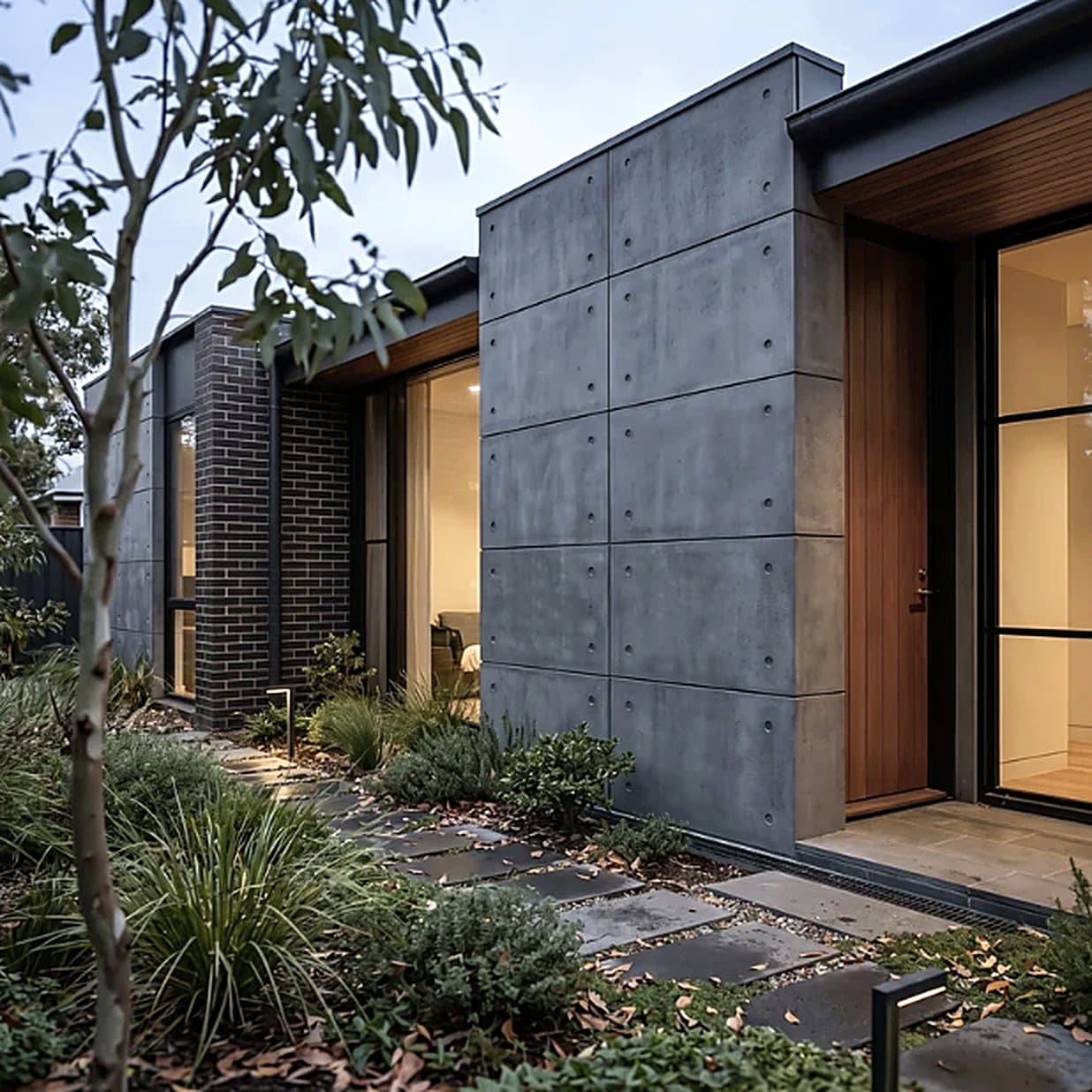Fachada de casa revestida con placas de concreto
