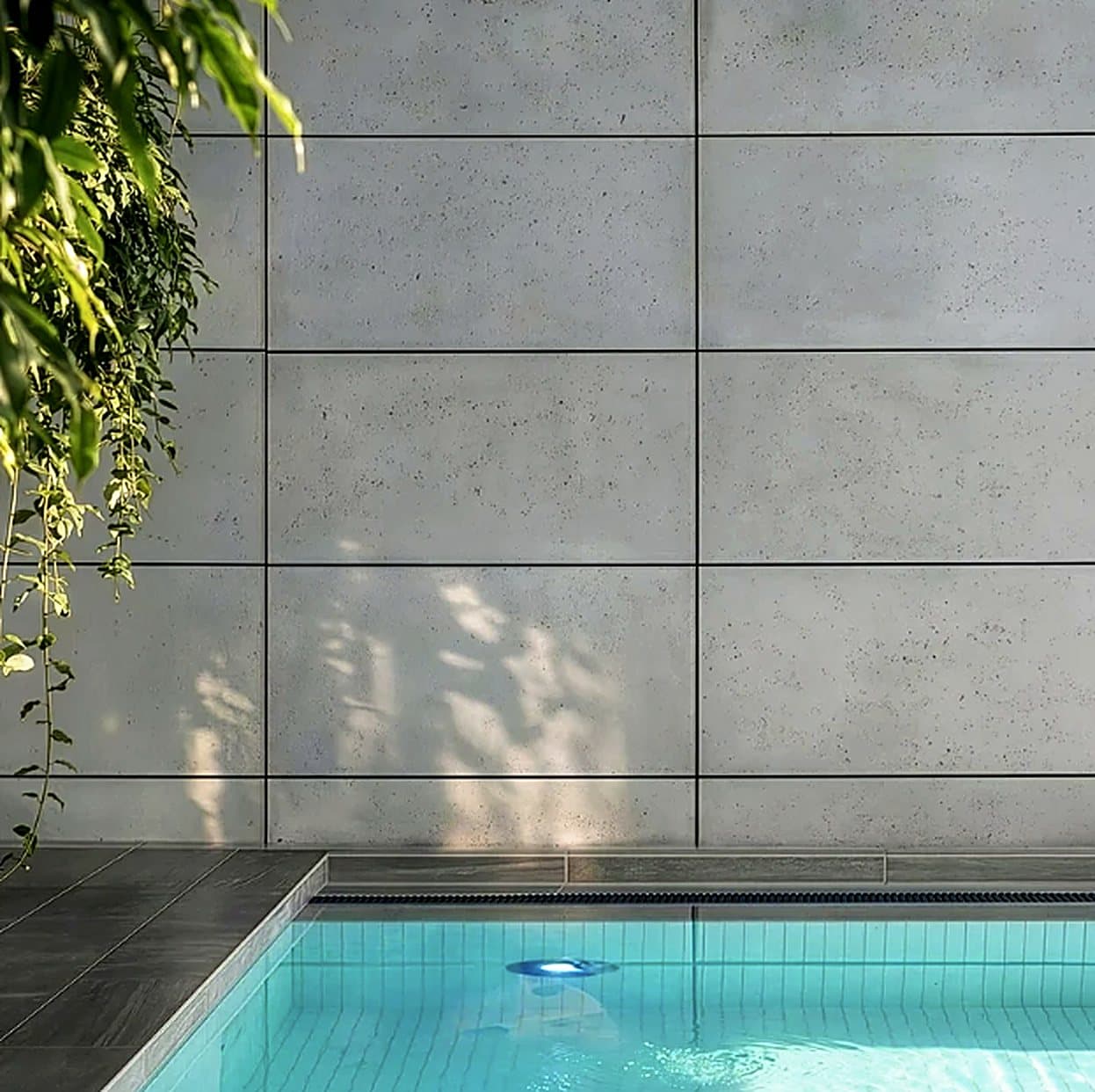 Muro de placas de concreto junto a una piscina